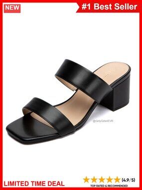 Women's Two Strap Heeled Sandals Square Toe 2 Inch Low Chunky Block Heels Slip